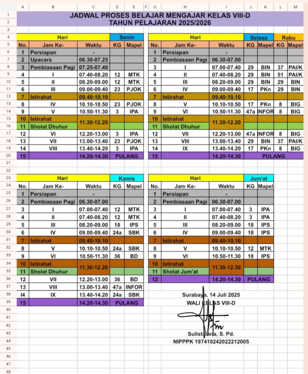 Jadwal Proses Belajar Mengajar Kelas VIII-D Tahun Pelajaran 2025/2026