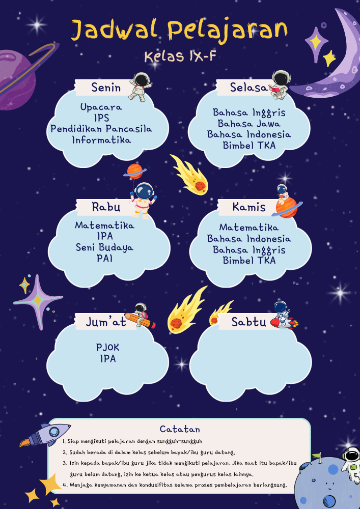 Jadwal Pelajaran Kelas IX-F Tahun Pelajaran 2025-2026 Revisi II